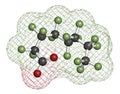 Perfluorooctanoic acid PFOA, perfluorooctanoate carcinogenic pollutant molecule. 3D rendering. Atoms are represented as spheres.