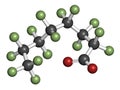 Perfluorooctanoic acid PFOA, perfluorooctanoate carcinogenic pollutant molecule. 3D rendering. Atoms are represented as spheres. Royalty Free Stock Photo