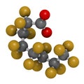 Perfluorooctanoic acid PFOA, perfluorooctanoate carcinogenic pollutant molecule. 3D rendering. Atoms are represented as spheres.