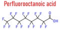 Perfluorooctanoic acid or PFOA, perfluorooctanoate, carcinogenic pollutant molecule, skeletal chemical formula.