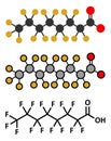 Perfluorooctanoic acid (PFOA, perfluorooctanoate) carcinogenic pollutant molecule