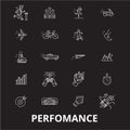 Perfomance editable line icons vector set on black background. Perfomance white outline illustrations, signs, symbols