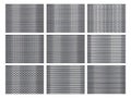 Perforated steel. Grill texture, stainless steel plate with perforation holes and metallic grid background vector set Royalty Free Stock Photo