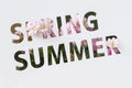 Perforated text on paper card, cutting style with words of Spring and Summer and decorated pink flowers. Modern
