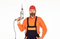 Perforator and bit. Powerful drill. Buy drill. How to Drill Wall Without Hitting Something. Man in cap with drills white