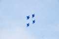 Performance of aerobatic team Russian Knights at the air show..Omsk, Russia - 19 March, 2016: Performance of Russian Knights at