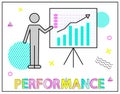 Performance with chart. Financial accounting report on board. Manager shows business process diagram