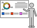 Performance with chart. Financial accounting report on board. Manager shows business process diagram