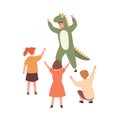 Performance for children with actor wearing cute dinosaur costume. Group of kids playing with animator. Flat vector Royalty Free Stock Photo