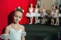 Performance of a children`s private ballet school. Portrait of little girl. Royalty Free Stock Photo