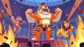 During performance, circus cartoon characters are depicted. The modern strongman shows his muscles, the gymnast wears a