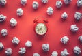 Performance concepts with paper crumpled ball and alarm clock on worktable background.Time and dateline Royalty Free Stock Photo