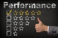 Performance five 5 star rating. thumbs up service golden rating stars on chalkboard