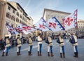 Performance of flag-waving in Piazza della Signoria, during a historical reenactement Royalty Free Stock Photo