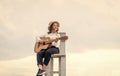 performance. guitar player or guitarist. happy singer with guitar. girl playing guitar. musical school. country music Royalty Free Stock Photo