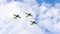 3 performance jets, flying in tandem, on a blue sky with white clouds Royalty Free Stock Photo