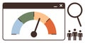 Performance Meter Dashboard with Magnifying Glass and Team Silhouettes Royalty Free Stock Photo