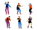 Performance singing people with microphone - karaoke songs or music show.