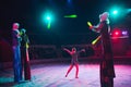 The performance of stilt-walkers in the circus