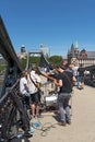 Performance of street musicians on the eiserner steg in frankfurt am main germany