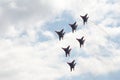 Performance of the Swifts aerobatic team on multi-purpose highly maneuverable MiG-29 fighters over the Myachkovo airfield