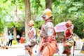 The performance of Thai traditional drama story Khon epic, Ramakien or Ramayana with Hanuman white monkey and others Royalty Free Stock Photo