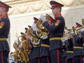 Performance of young participants in a military brass band for visitors to Gorky Park