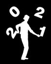 Performer artist acrobat juggling with numbers, juggler vector silhouette illustration isolated on black background.