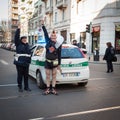 Performer stopping the traffic with police