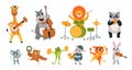 Performing animal musician party. Funny animals play music concert. Musical instruments, cartoon wildlife musicians, zoo Royalty Free Stock Photo
