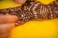 Performing mehandi or henna design on female hand close up image isolated