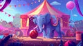 Performing on stage at a circus big top tent arena is an elephant riding on a ball. The acrobat is performing on stage Royalty Free Stock Photo