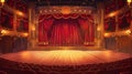 Performing stage with red curtains, rows of theatre seats, columns, spotlights illumination on wooden floor. Cartoon Royalty Free Stock Photo