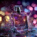 Angular perfume bottle with purple liquid, dynamic water splash and blurred colorful bokeh background Royalty Free Stock Photo