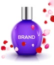 Perfume bottle background with rose petals. Fragrance pink cosmetic floral bottle design product mockup