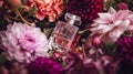 Perfume bottle with beautiful flowers. Beauty concept. Flat lay, top view