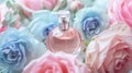 Perfume bottle with beautiful flowers. Beauty concept. Flat lay, top view