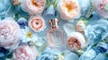 Perfume bottle with beautiful flowers. Beauty concept. Flat lay, top view