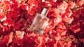 Perfume bottle with beautiful flowers. Beauty concept. Flat lay, top view