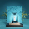 Perfume bottle on blue glowing background. Face lotion, air filled with fragrance. Cosmetic perfumes. 3d render