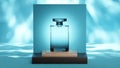 Perfume bottle on blue glowing background. Face lotion, air filled with fragrance. Cosmetic perfumes. 3d render