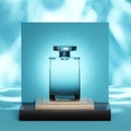 Perfume bottle on blue glowing background. Face lotion, air filled with fragrance. Cosmetic perfumes. 3d render