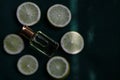 A perfume bottle at the centre of roundly arranged slices of lemon