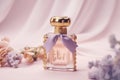 Perfume bottle with delicate lavender blossom. Generative AI