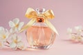 Perfume bottle with delicate plumeria flowers. Generative AI