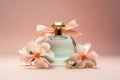 Perfume bottle with delicate plumeria flowers. Generative AI