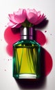 Perfume bottle eau de parfum with pink flowers. Rose, peony - Generative AI Royalty Free Stock Photo