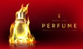 Promo banner with perfume bottle in fire flame