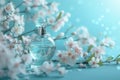 perfume bottle on flower with white blossoms and blue background Royalty Free Stock Photo