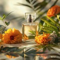 Perfume bottle with flowers on a background of palm leaves Royalty Free Stock Photo